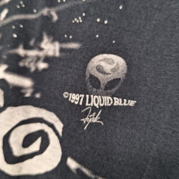 Vintage 1997 Sojo Liquid Blue Fijak T-shirt L Alien Attack Motorcycle Biker UFO - Picture 5 of 7
